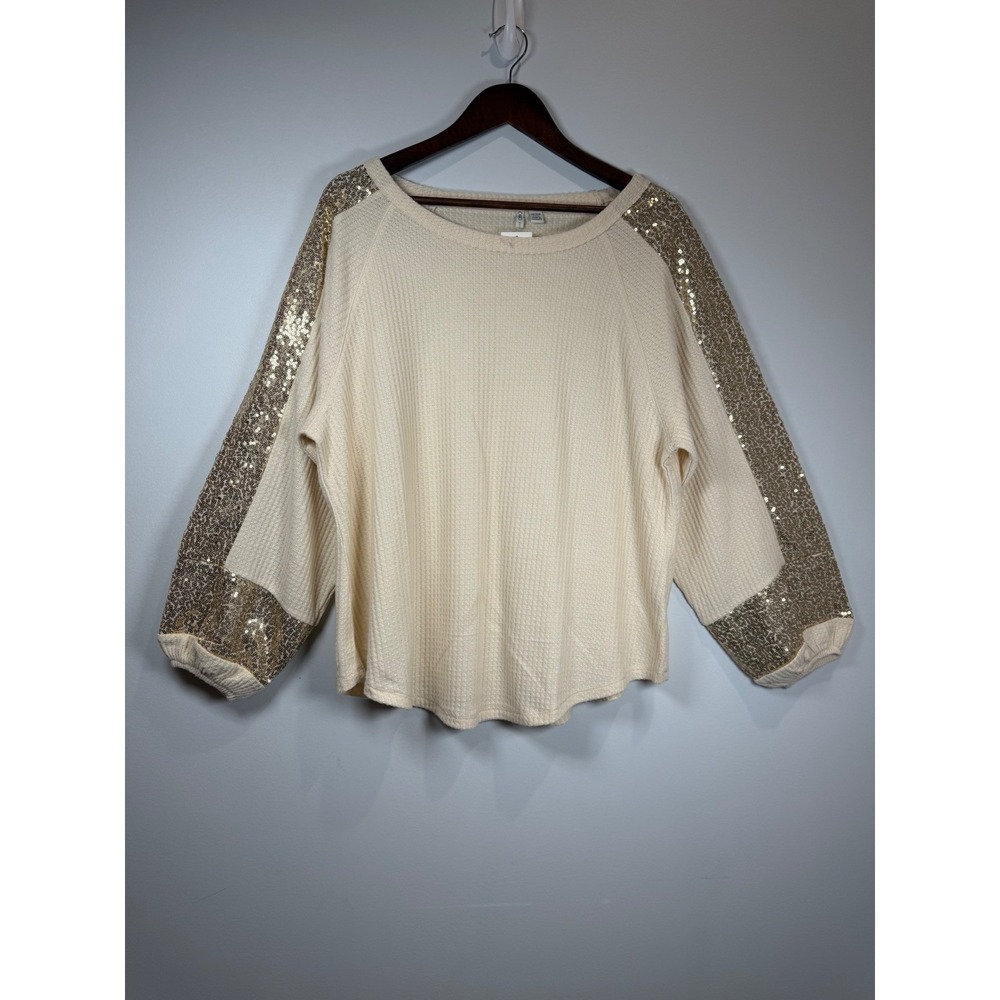 Cato Plus Sportswear Sequin Sleeve Waffle Knit Top Pale Gold 14/16W New